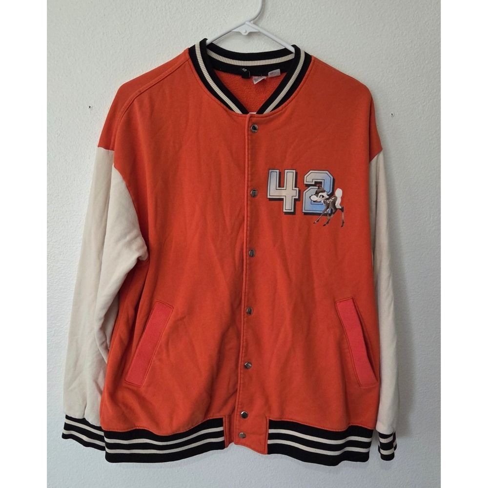 H&M Disney Bambi Oversized Letterman's Style Sweat Jacket Orange & Cream Snap S